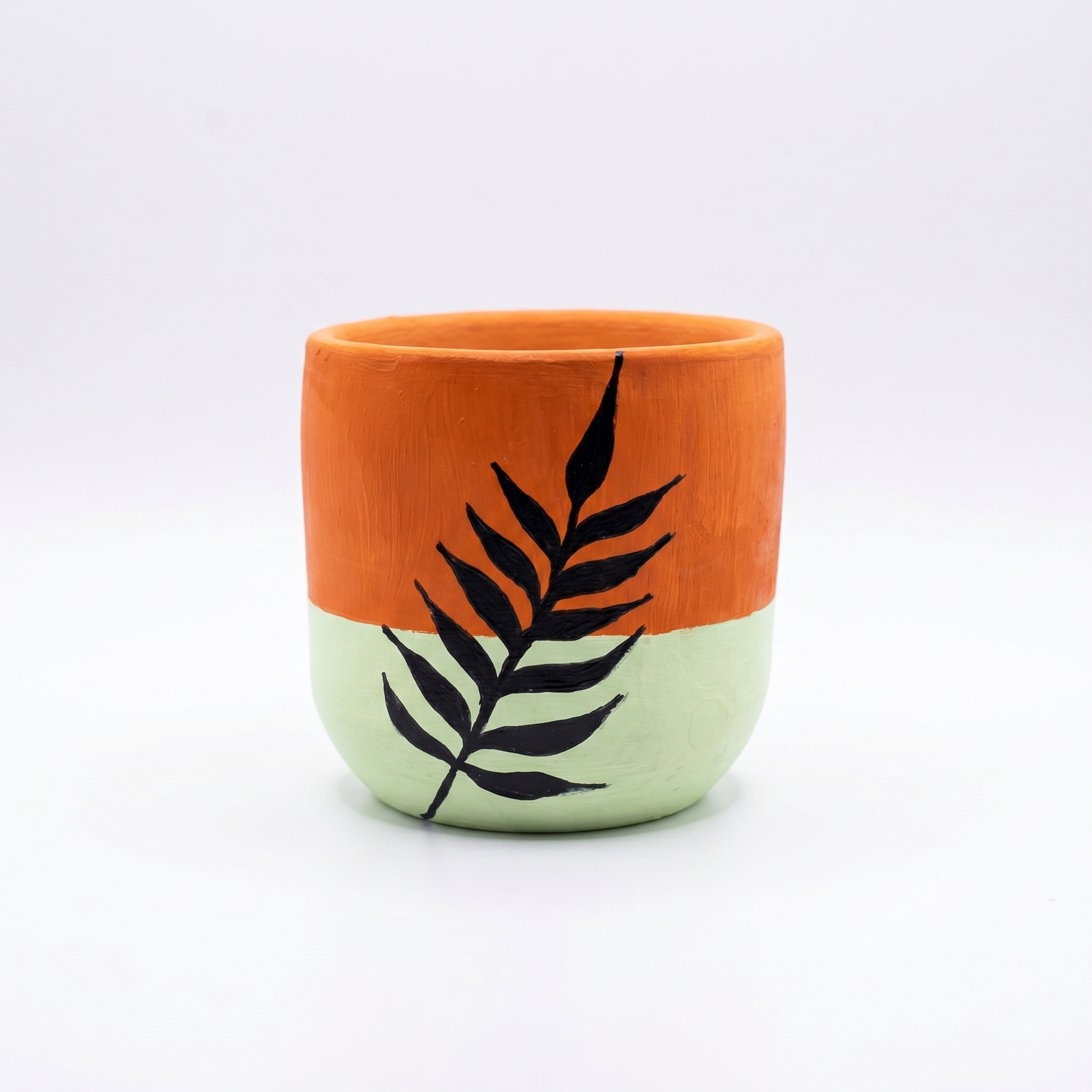 Hand-Painted Terracotta Pot – Orange & Mint Fern Design